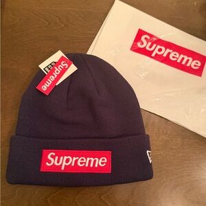 Supreme Dark Blue Beanie with Red Logo